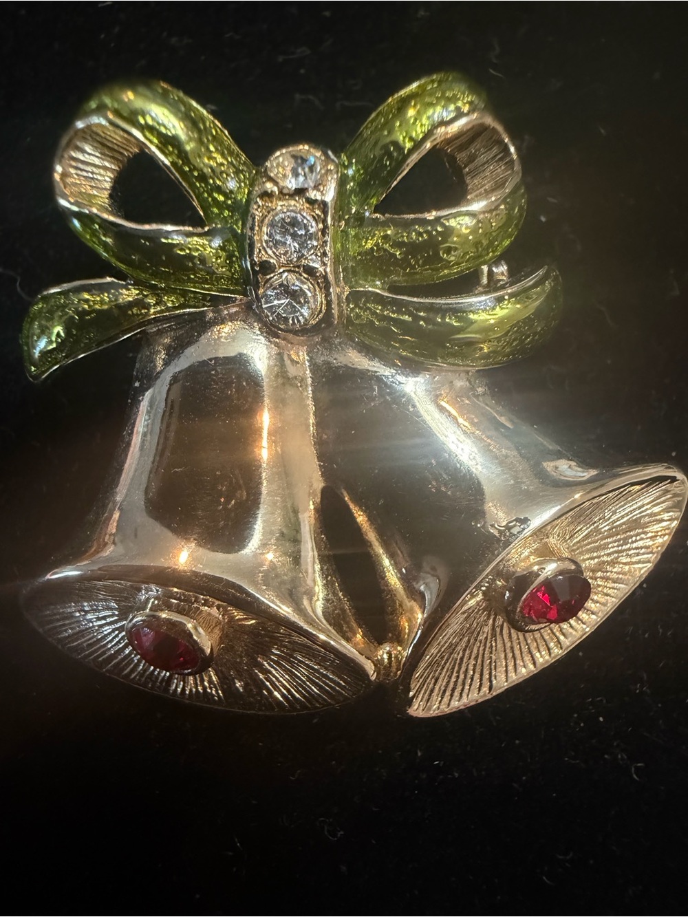 Vintage Gold Tone Double Bell Brooch with Green Bow and Red Accents